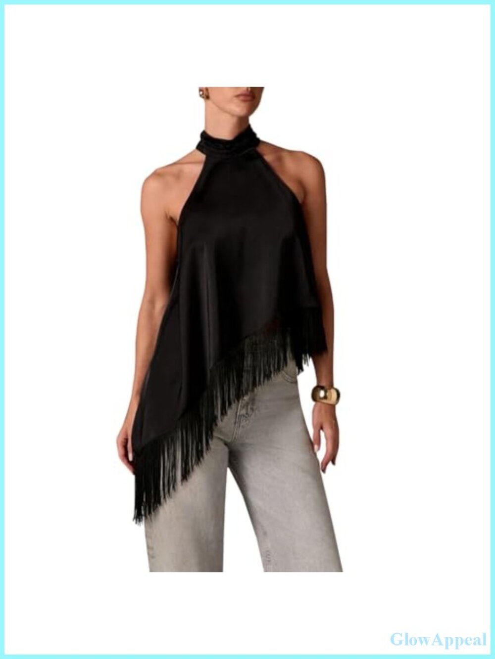Fringe Satin Mock Neck Sleeveless Tank Top